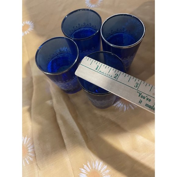 Vintage Cobalt Blue Glasses, Platinum Trimmed Drinkware, Cobalt Blue Whiskey Gla - Picture 5 of 6